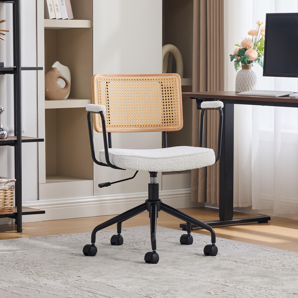 BÜROSTUHL Vintage, Elfenbein, Chenille, Rattan, verstellbar - Weiß, Textil (58.5/91.5/61cm)