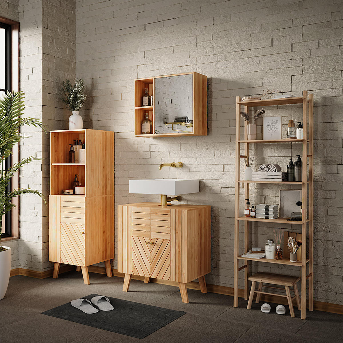 MIDISCHRANK Lucie Bambus 40 x 124 cm - Grün, Holzwerkstoff (40/124/36cm) - Vicco