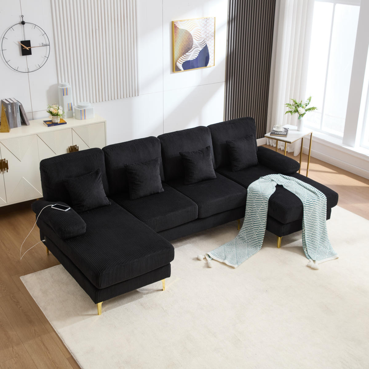 U-SOFA Wohnlandschaft Samt mit LED-Beleuchtung und USB-Anschluss 265/135/88 cm Schwarz - Schwarz, Textil (135/88/265cm) - Redom