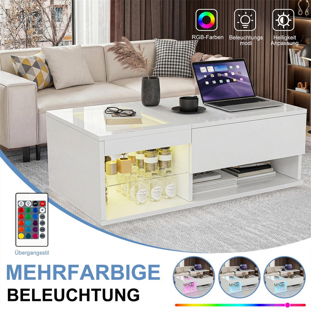 COUCHTISCH Rechteckig - Höhenverstellbarer Couchtisch mit LED - Hochglanz Lift-Top Tisch mit Glasablage - Weiß - Weiß, Holzwerkstoff (55/100/35cm) - DELFA