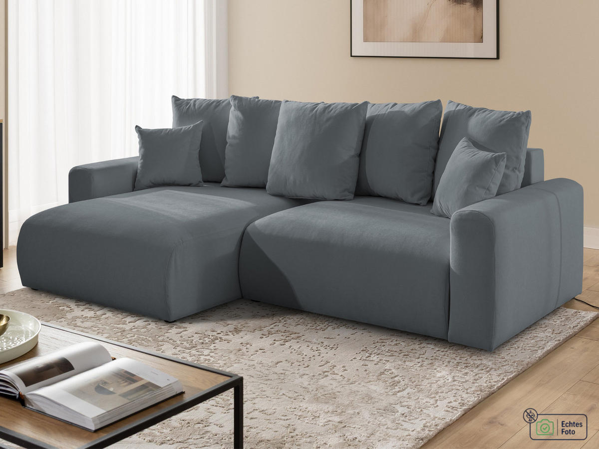 ECKSOFA Calma mit Schlaffunktion und Bettkasten im Bumpy-Design aus weichem Dunkelgrau Webstoff - Ottomane links - Dunkelgrau/Schwarz, Holz/Kunststoff (239/140cm) - S-Style