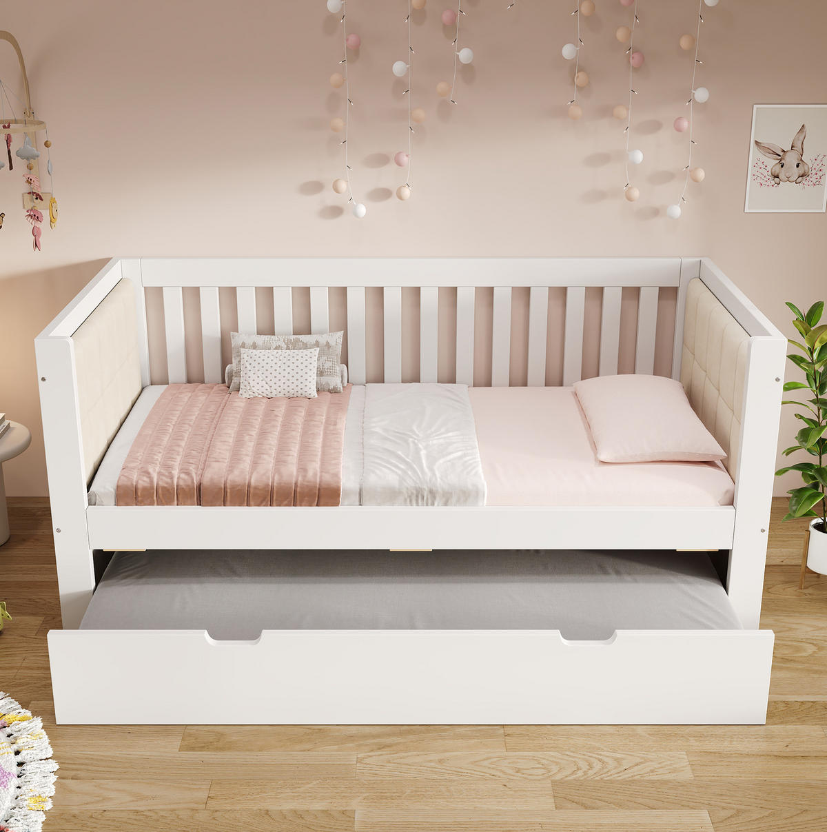 DENNÁ posteľ 90/200 cm biela s výsuvným lôžkom z masívneho dreva - biela, textil (90/200cm) - OKWISH