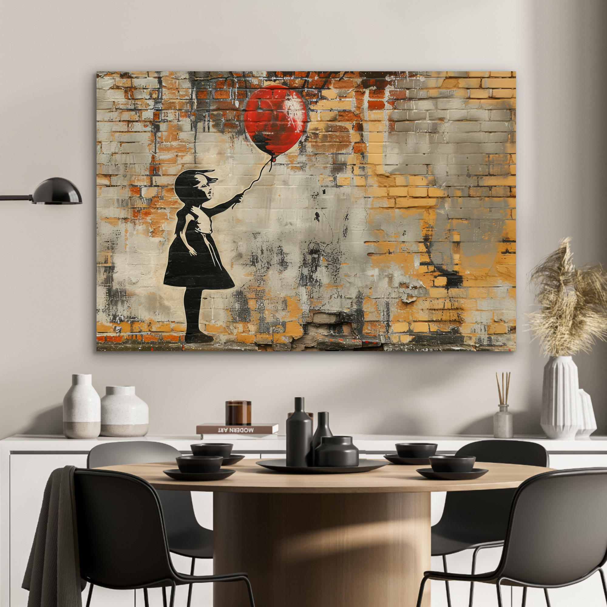 METALLBILD Graffiti - Banksy - Mädchen - Straßenkunst 90x60 cm - Sandfarben, Metall (90/60cm) - MuchoWow