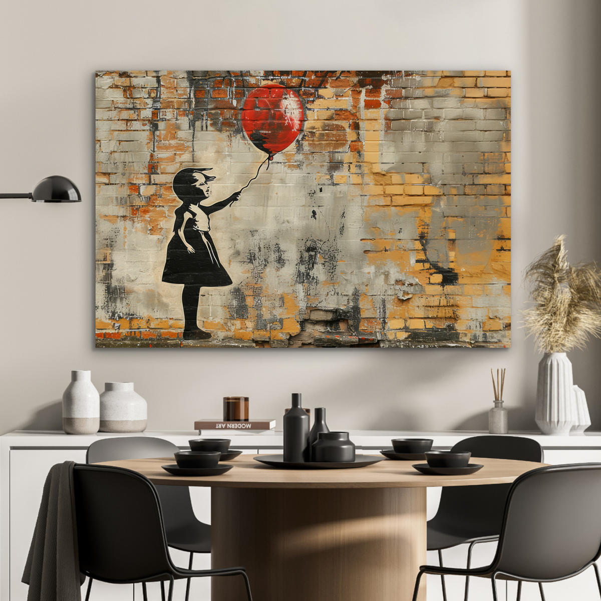 METALLBILD Graffiti - Banksy - Mädchen - Straßenkunst 90x60 cm - Sandfarben, Metall (90/60cm) - MuchoWow