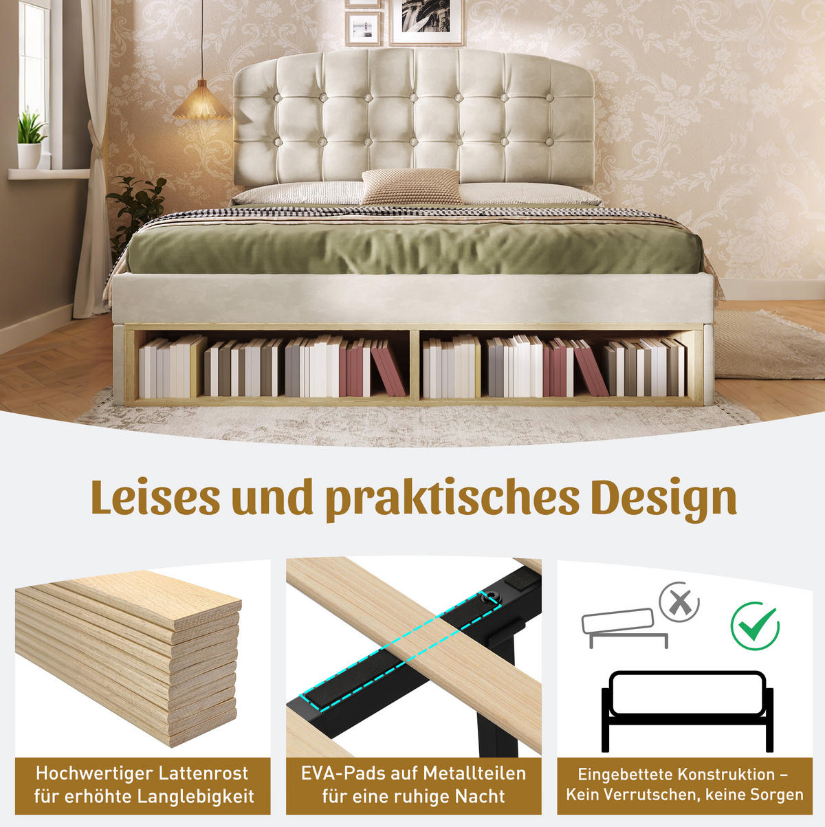 POLSTERBETT 140/200 cm Beige aus Samt mit Stauraum - Beige, Textil (140/200cm) - OKMYHOME