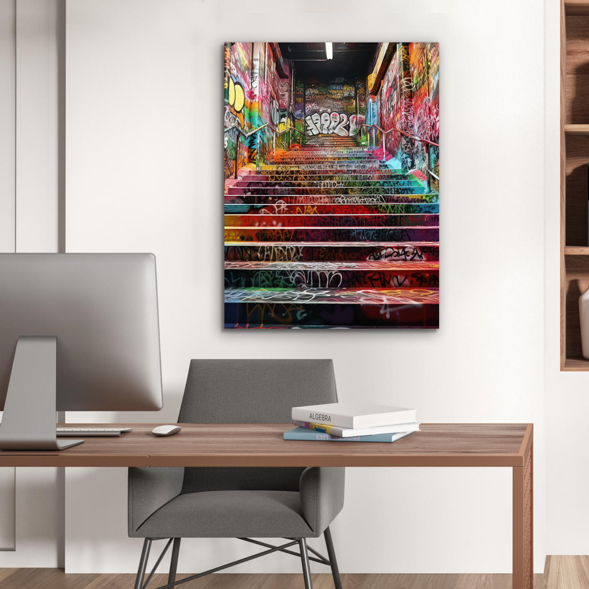 KOVOVÝ OBRAZ Schody - Graffiti - Farby - Umenie 60x80 cm - viacfarebná, kov (60/80cm) - MuchoWow