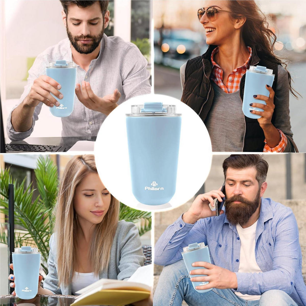 THERMOFLOW Coffee Tumbler Edelstahl, Thermobecher 380 ml - Hellblau, Metall (0.38L) - LUXUSKOLLEKTION