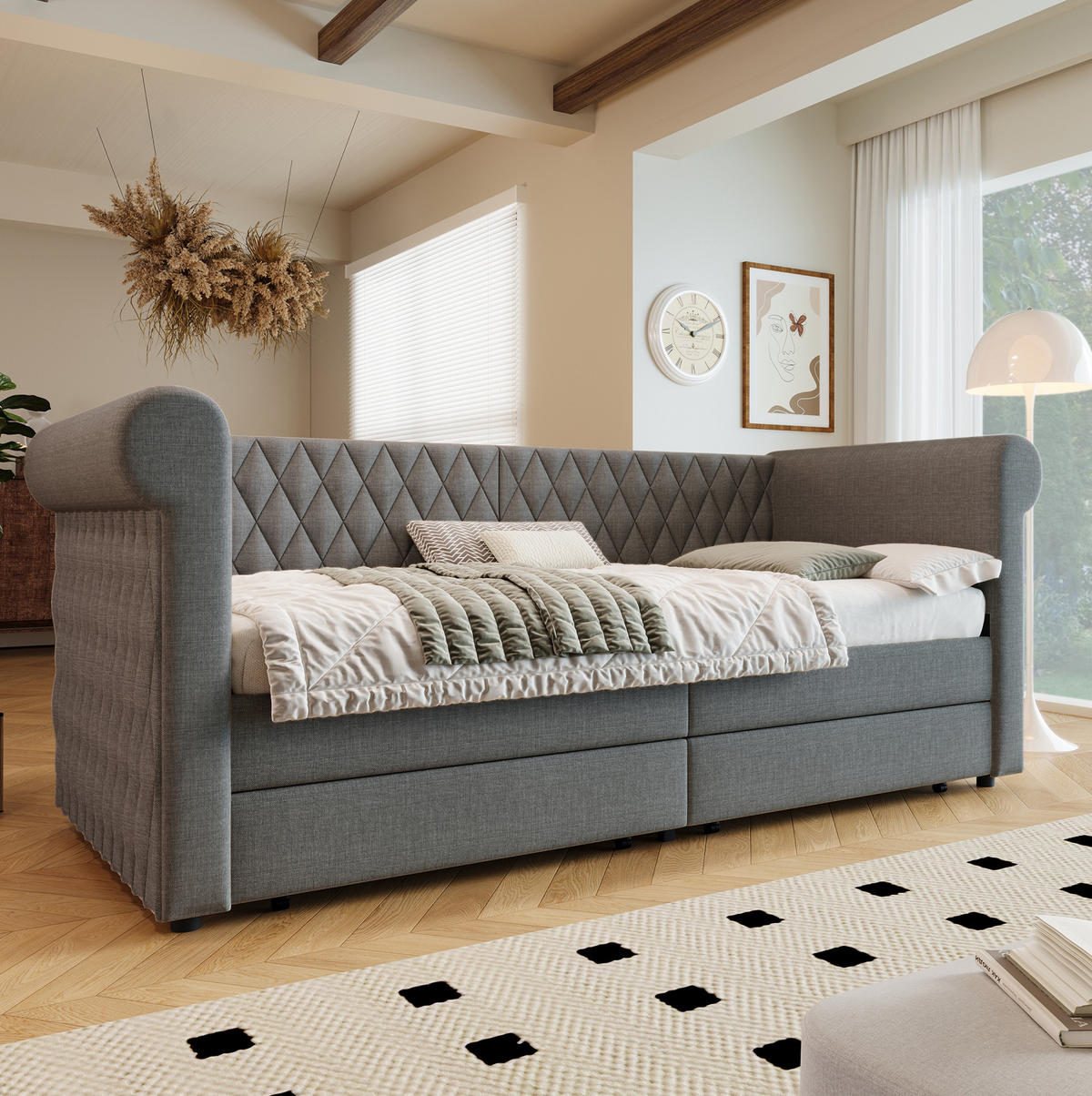 BETT mit Kopfteil 90/200 cm in Grau – mit 2 Schubladen und inkl. Lattenrost - Grau, Textil (90/200cm) - BEAOK