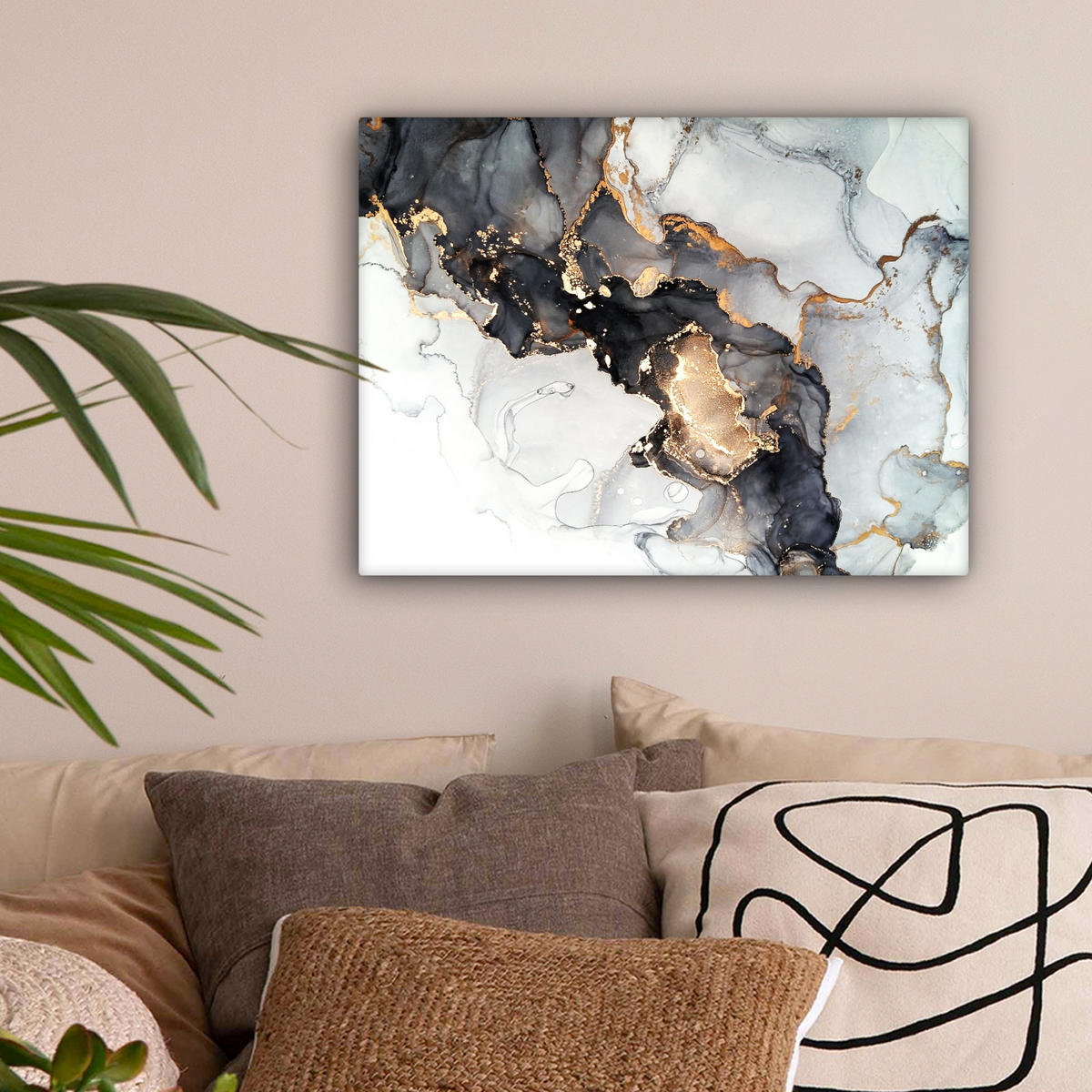 LEINWANDBILD Marmor - Schwarz - Weiß - Gold - Luxus - Abstrakt 40x30 cm - Goldfarben, Textil (40/30cm) - MuchoWow