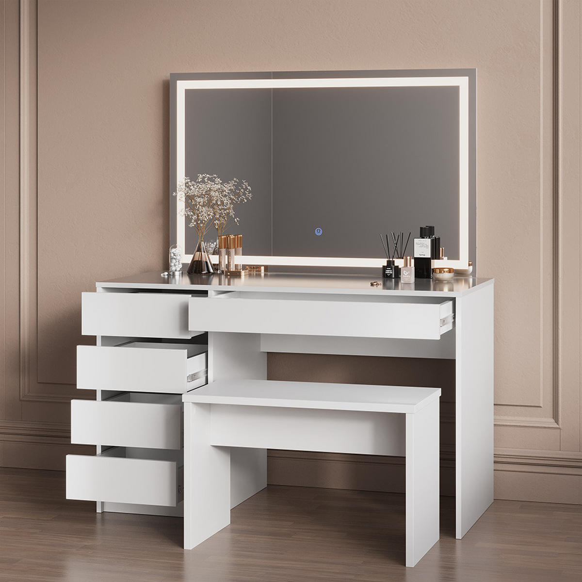 SCHMINKTISCH Imola Weiß mit LED-Spiegel und Bank - Weiß, Holzwerkstoff (120/75/55cm) - Livinity®