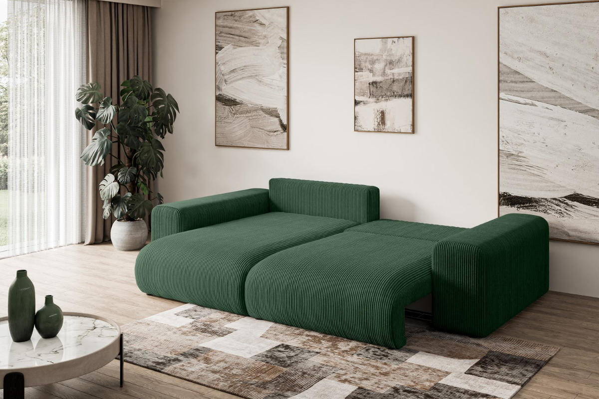 ECKSOFA mit Schlaffunktion und Bettkasten ESKAR-L 256x165x84cm Grün Cord - Schwarz/Grün, Holzwerkstoff/Kunststoff (256/165cm) - ALTDECOR
