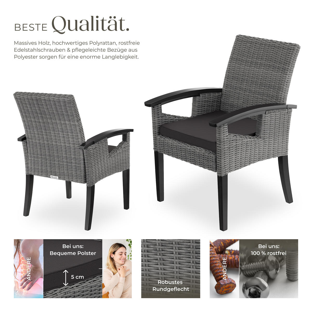 RATTAN STUHL Rosarno, inklusive Sitzpolster, 62,5 x 71,5 x 94 cm, grau - Grau, Kunststoff (62.5/94/71.5cm) - tectake