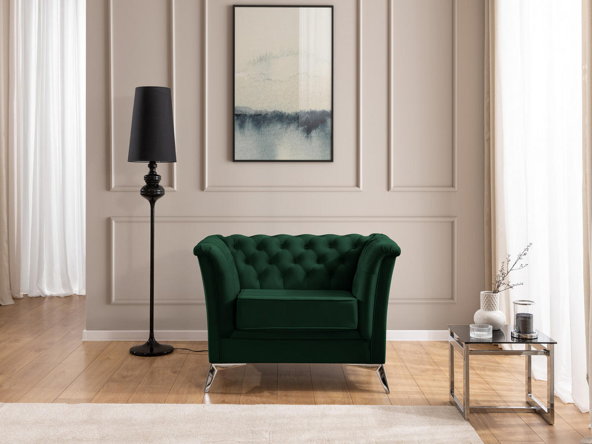CHESTERFIELD-SESSEL Whitby Flaschengrün Samt mit silbernen Füßen - Dunkelgrün/Silberfarben, Holz/Textil (116/78/82cm) - S-Style Möbel