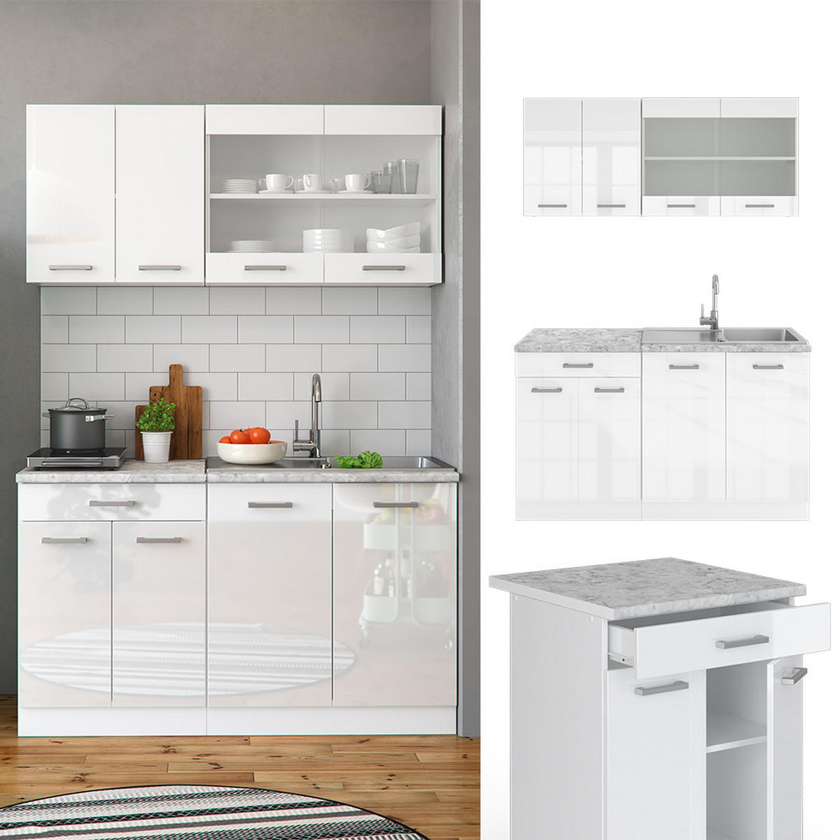 KÜCHENZEILE R-Line Weiß Hochglanz/Weiß 140 cm, AP Eiche - Weiß Hochglanz/Weiß, Holzwerkstoff (140/81.6/60cm) - Vicco