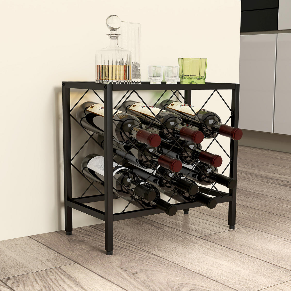WEINREGAL, schwarzer Stahl, 10 Flaschen, Glasplatte, 41x22x41cm - Multicolor, Metall (41/41/22cm) - FORIOUS