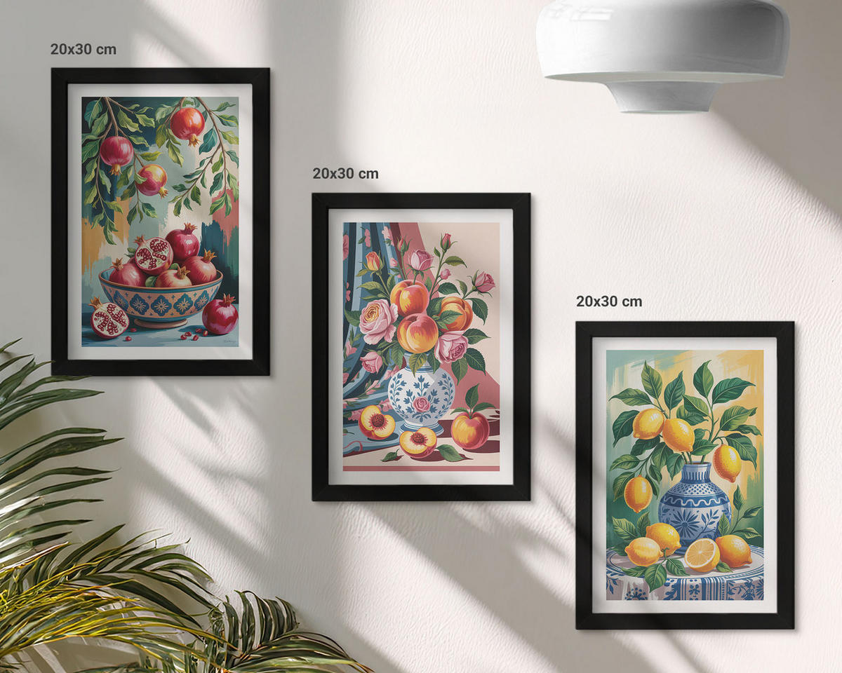 WANDBILDER 3er-Set - 20x30 cm Schwarzer Rahmen - Blumen und Früchte in Vasen - Schwarz, Kunststoff (20/30cm) - ArtPrintCave