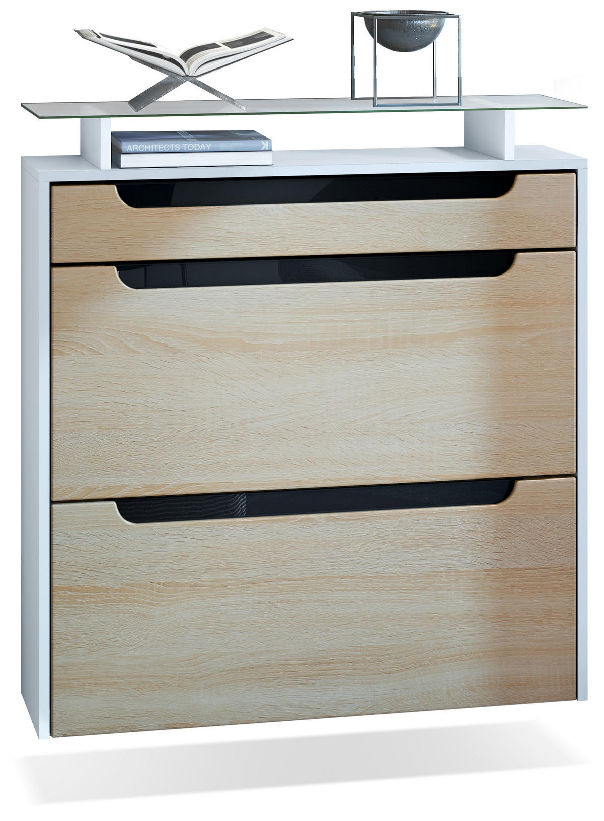 SCHUHSCHRANK Annie Eiche sägerau / Schwarz Hochglanz - Schwarz/Eiche San Remo, Holzwerkstoff (89/96/23cm) - Vladon
