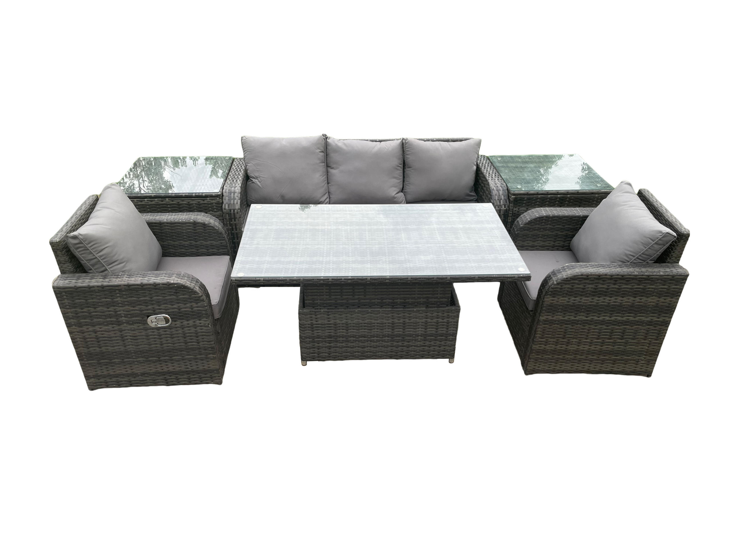 SITZGRUPPE GARTENSET Polyrattan Outdoor 5-Sitzer - Dunkelgrau/Grau, Glas/Kunststoff - Fimous