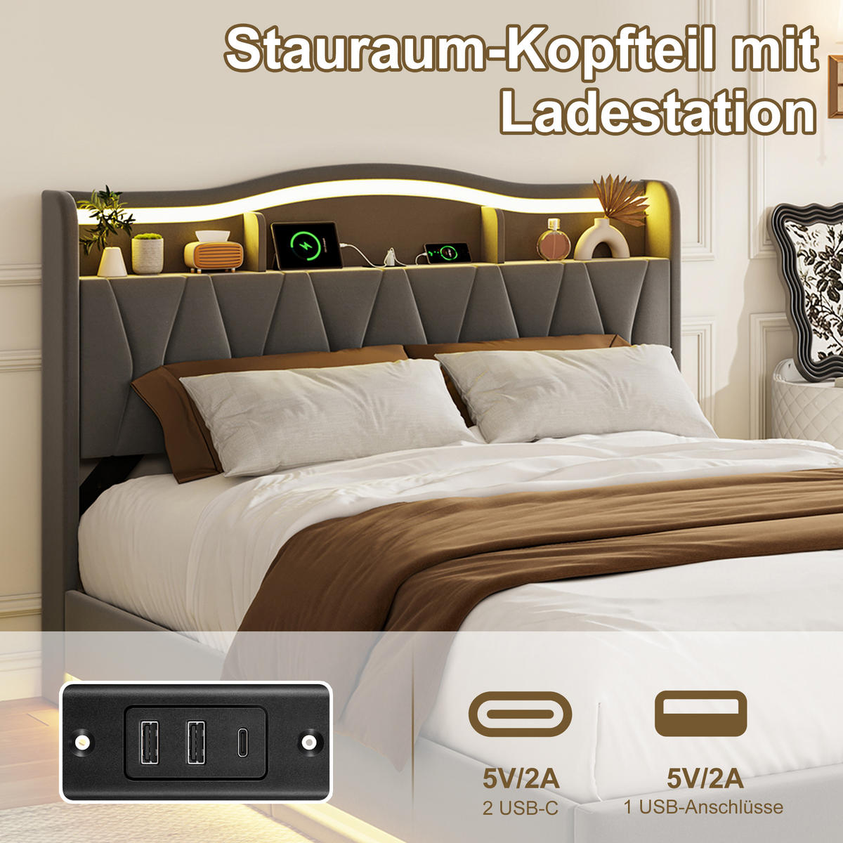 POLSTERBETT 160x200 cm mit Stauraum‑Kopfteil, Hydraulik‑Stauraum, LED und USB‑C Ladeanschlüsse, Velours‑Stoff, grau - Grau, Holz (160/200cm) - BRILVERDE