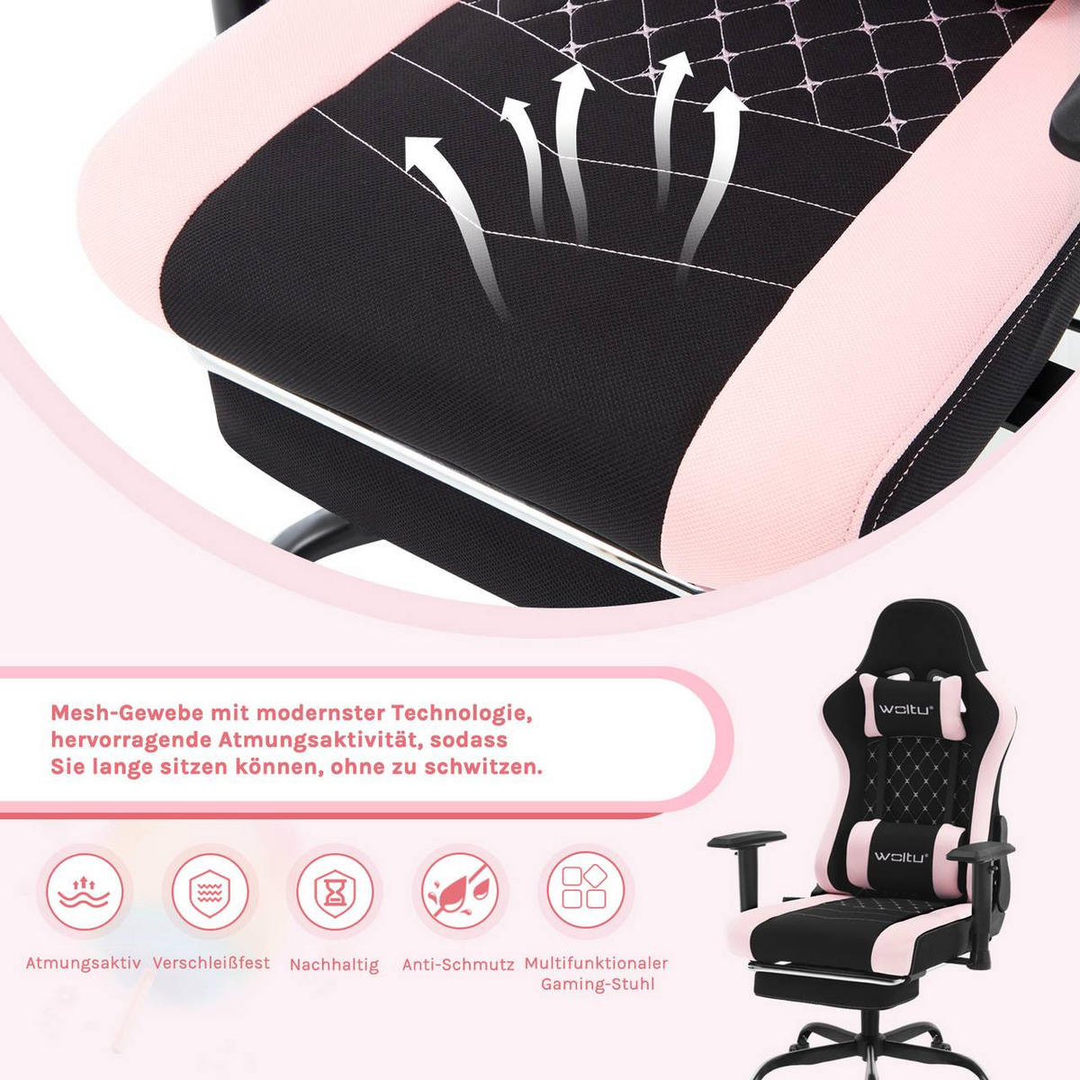 GAMINGSTUHL mit Lendenkissen, Massagefunktion, Schwarz+Rosa - Schwarz/Rosa, Textil/Metall (70/129/57.5cm) - Woltu