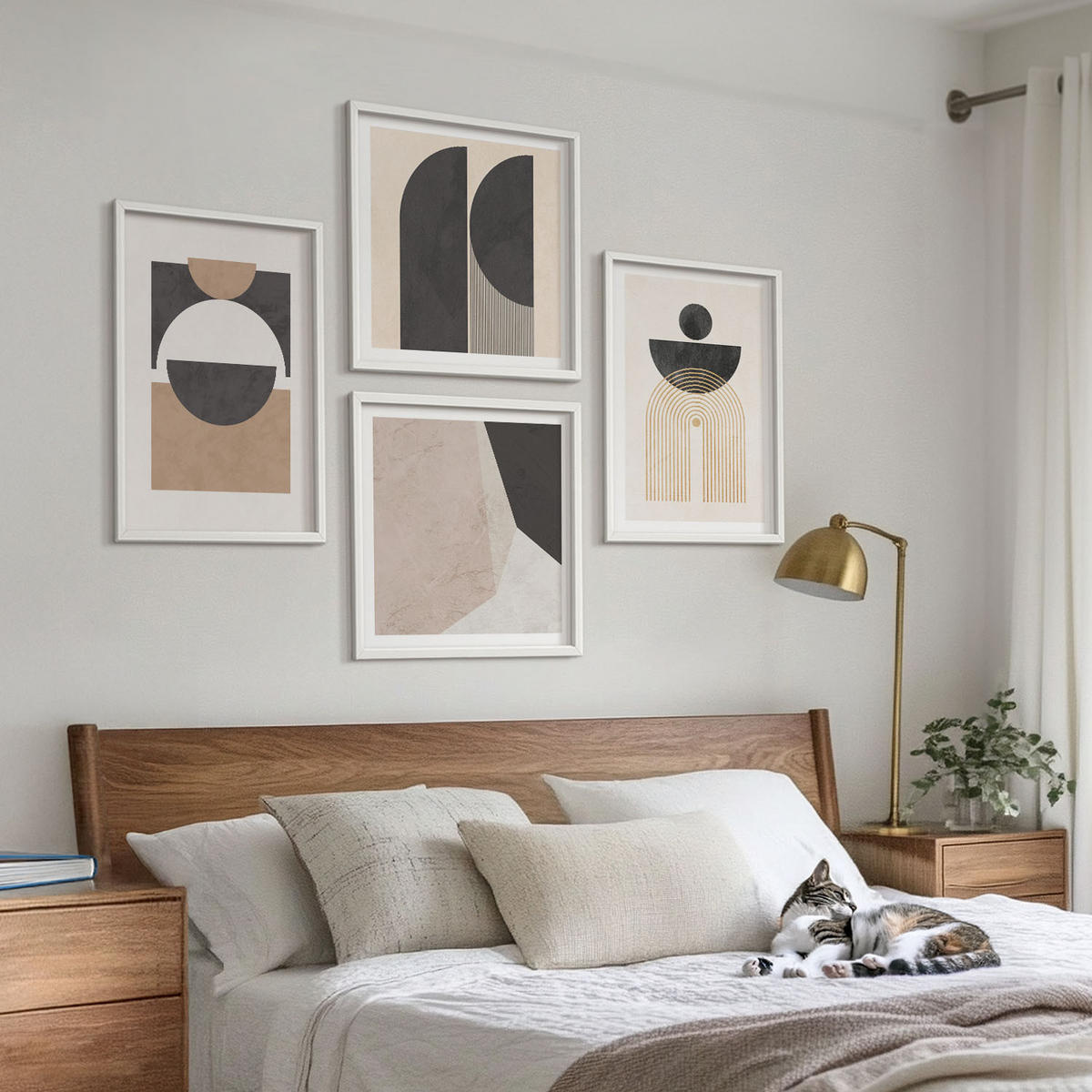 BILDER SET 4er Set - 50x50 cm & 40x60 cm Weißer Rahmen - Abstrakte Formen beige braun - Weiß, Kunststoff (50/50cm) - TULUP