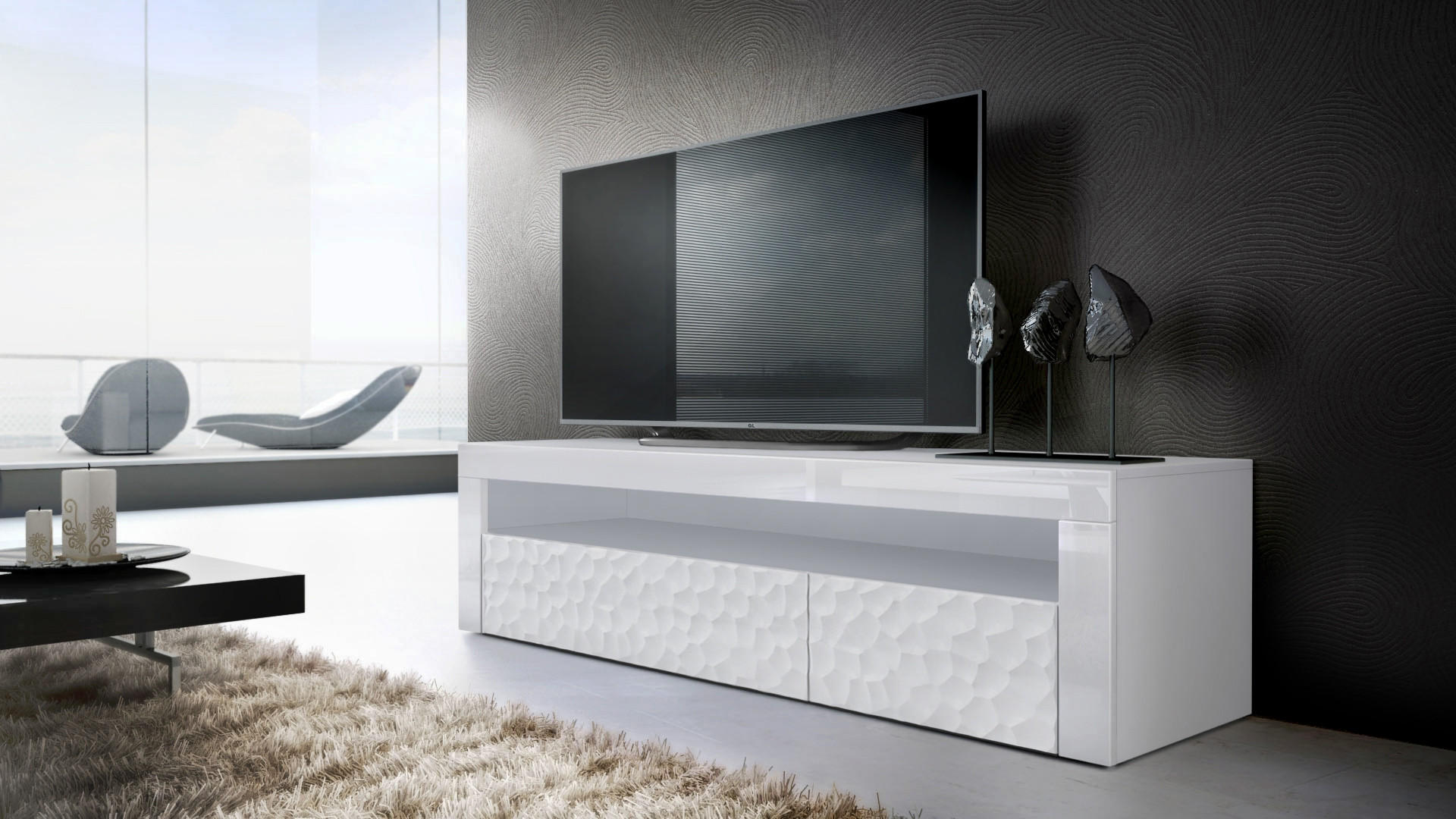 SIDEBOARD Valencia Fronten in Weiß Hochglanz Calypso mit 3D Struktur - Perlmutt, Holzwerkstoff (155/46/40cm) - Vladon
