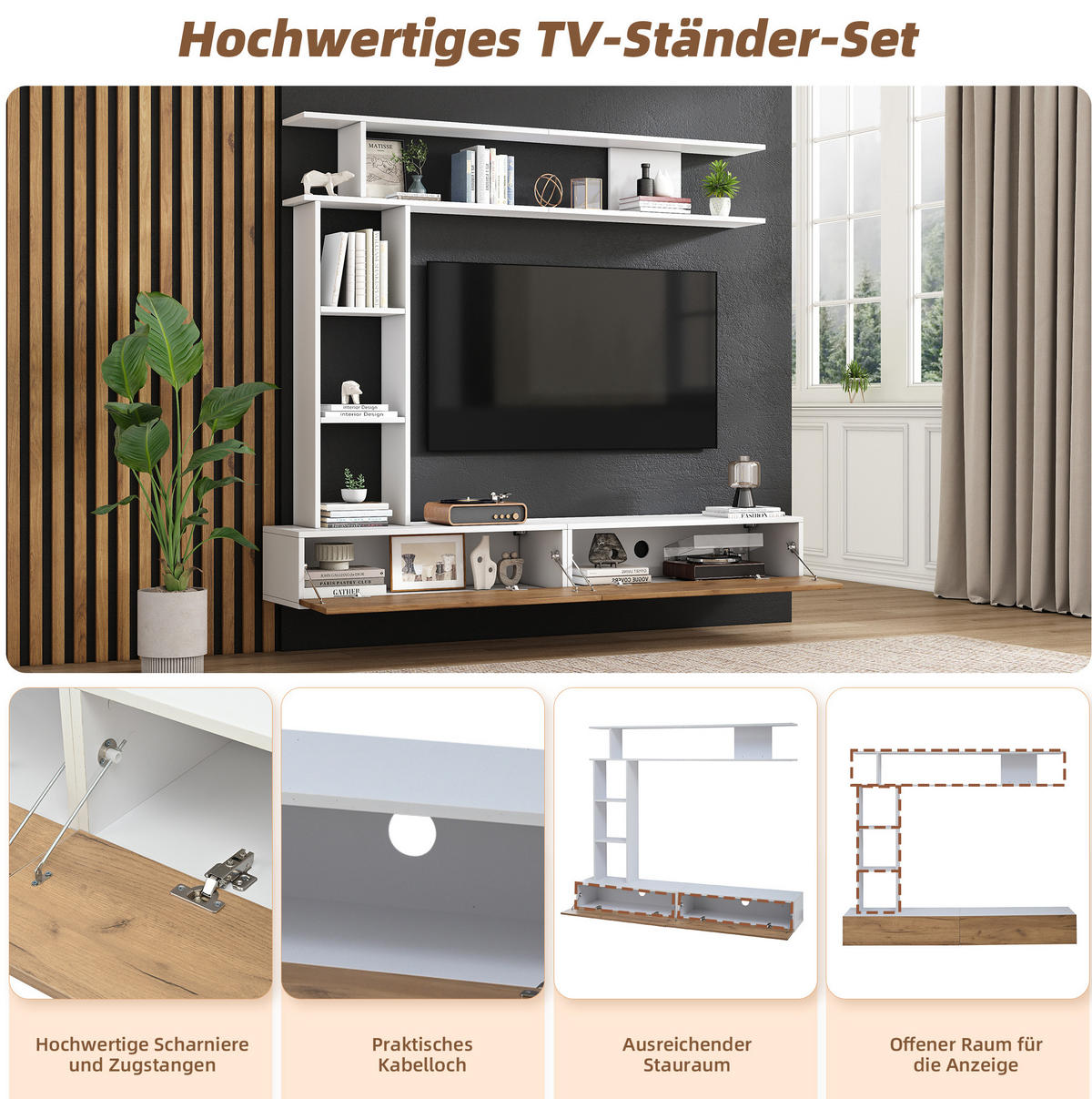 WOHNWAND / Lowboard 180/35/22,5 cm mit Kabeldurchlass und Soft-Close - Weiß, Holzwerkstoff (180/150/35cm) - BEAOK