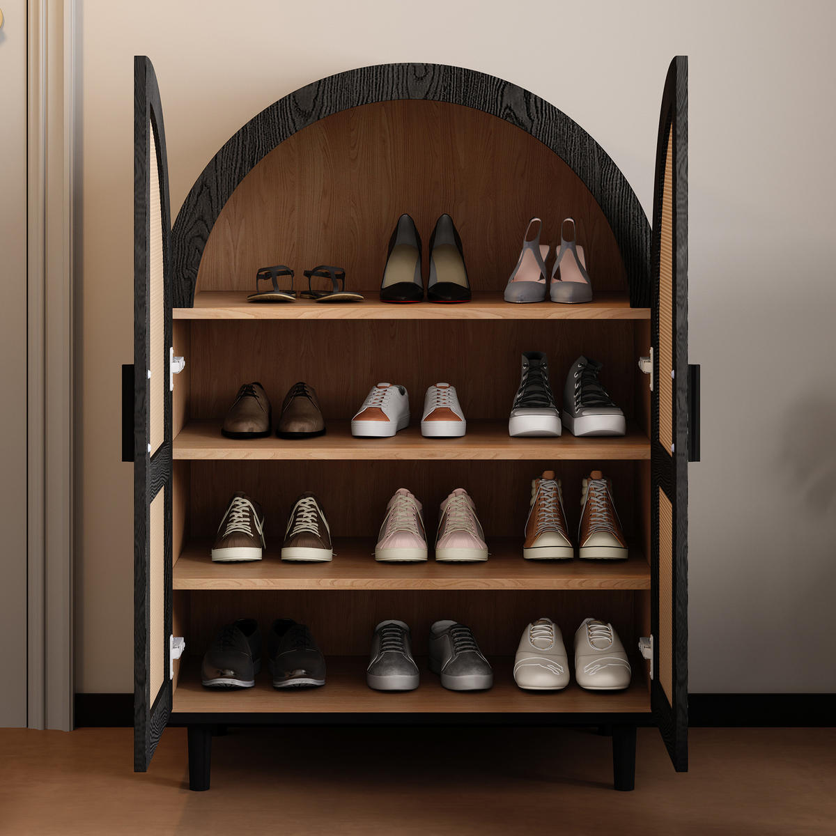 SCHUHSCHRANK 70/40/100 cm mit 2 Türen, Rattanfront und verstellbaren Böden - Naturfarben, Holzwerkstoff (70/40/100cm) - BEAOK