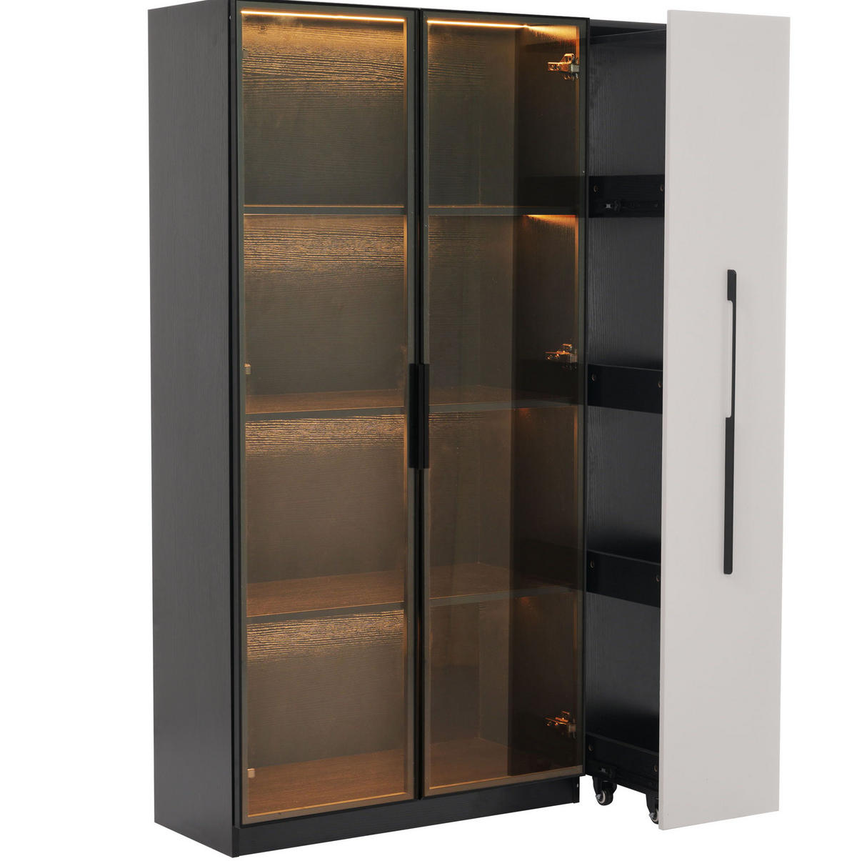 VITRINE 110,5/35/160 cm aus MDF und Glas mit LED-Vitrine und seitlichem Auszug Schwarz/Weiß - Schwarz, Holzwerkstoff (110.5/160/35cm) - Modenvie