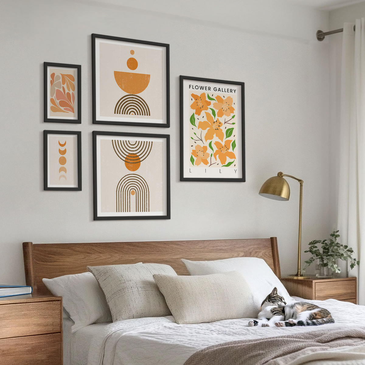 BILDER SET 5er Set - 50x50 cm & 20x30 cm & 40x60 cm Schwarzer Rahmen - Abstrakte orange Formen - Schwarz, Kunststoff (40/60cm) - TULUP