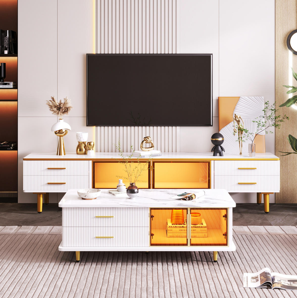 TV-LOWBOARD 170/37/47,5 cm mit LED und Glaselementen - Weiß, Holzwerkstoff (170/47.5/37cm) - BEAOK