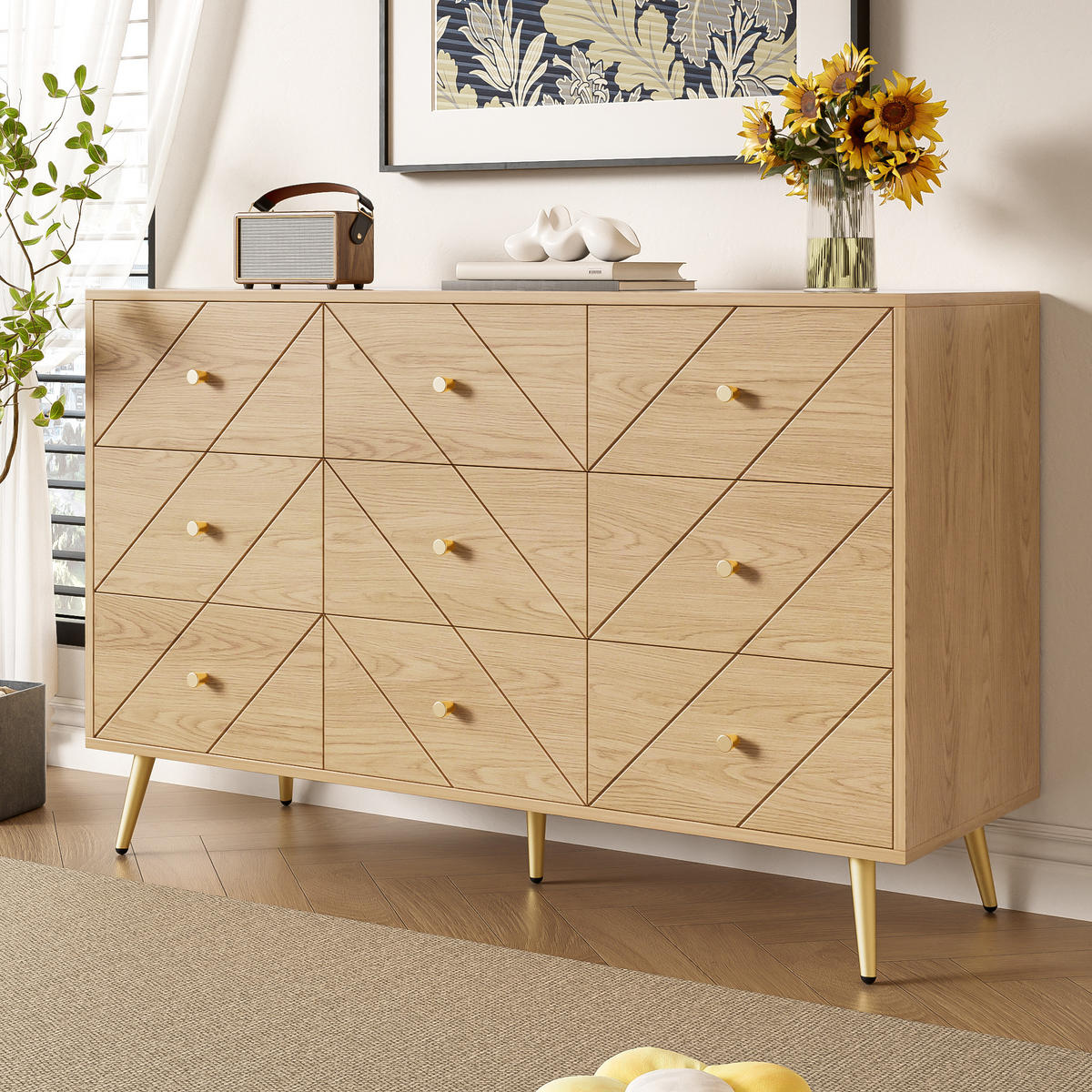 SIDEBOARD mit 9 Schubladen, Eisenbeinen & geometrischem Muster - Sonoma Eiche, Holzwerkstoff/Metall (120/80/39cm) - Urban Meuble