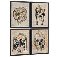 POSTER Set aus 4 Anatomie Drucke und Wandbilder mit Nieren Becken Knochen Hüfte Rippen Wirbelsäule Schädel Antiker Buch Stil Größe Schwarzer Rahmen A3 - Schwarz, Papier (29.7/42/3cm) - Nacnic