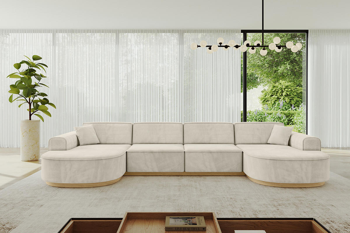 WOHNLANDSCHAFT MARI-U2-v2 - 388x171x83 cm Ecru Velours - Ecru, Holzwerkstoff/Textil (388/83/171cm) - ALTDECOR