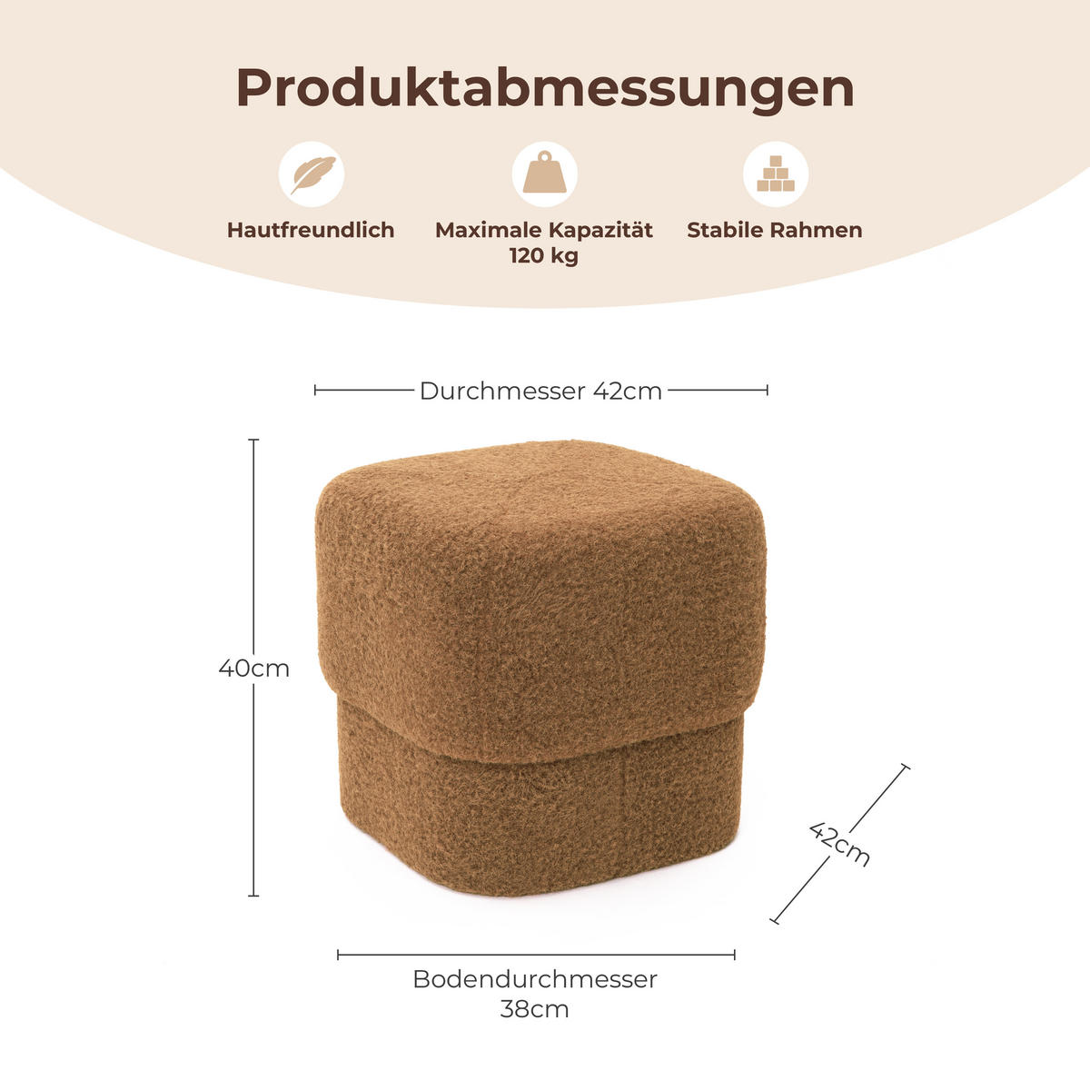 HOCKER Teddy-Stoff Braun 41 x 41 x 39 cm - Braun, Holzwerkstoff (42/40/42cm) - Hometopia