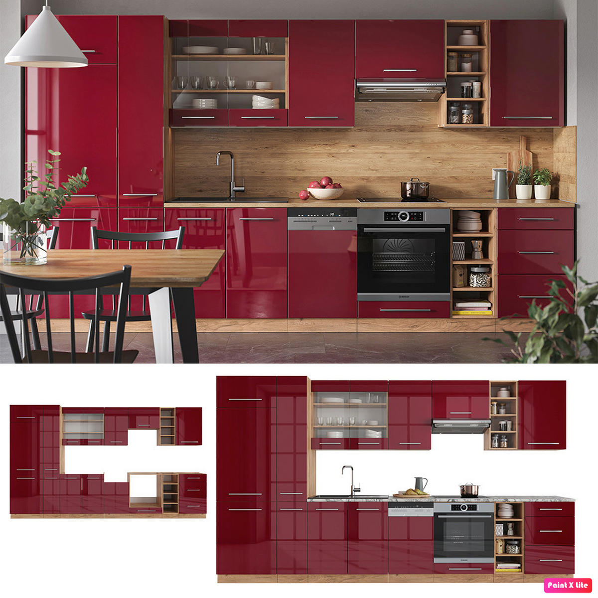 KÜCHENZEILE Fame-Line Bordeaux Hochglanz/Goldkraft Eiche 355 cm AP Anthrazit - Honigeiche/Bordeaux, Holzwerkstoff (355/81.6/60cm) - Vicco