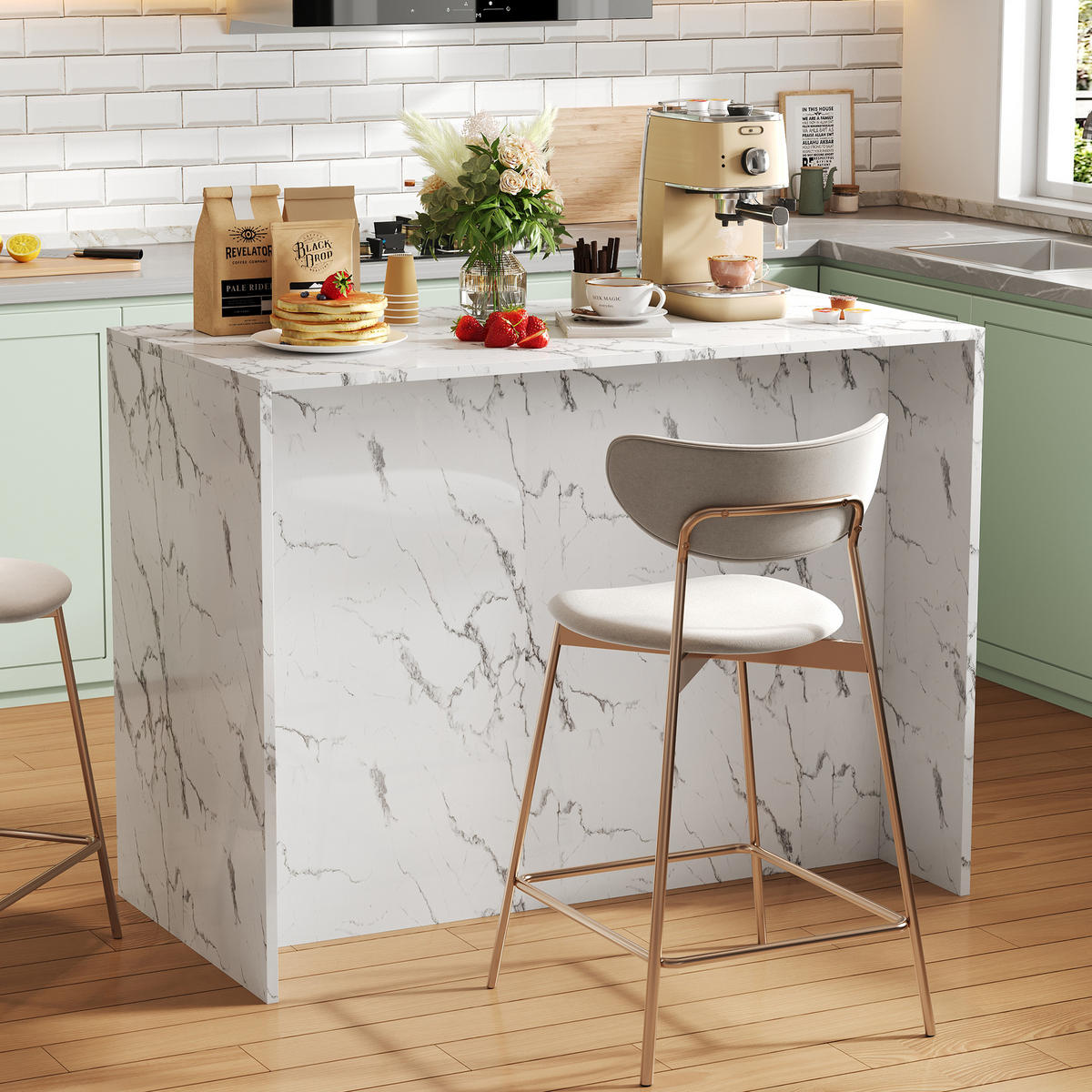 KÜCHENINSEL 120x60x90.5cm Weiß Marmoroptik mit Barbereich,3 Schubladen & Schränken - Weiß, Holzwerkstoff (120/90.5/60cm) - Modfu