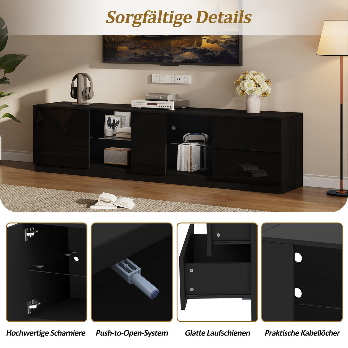 TV-LOWBOARD 160x40x52 cm Hochglanz Schwarz LED für 65" TV - Schwarz, Holzwerkstoff (40/52/160cm) - FLIEKS