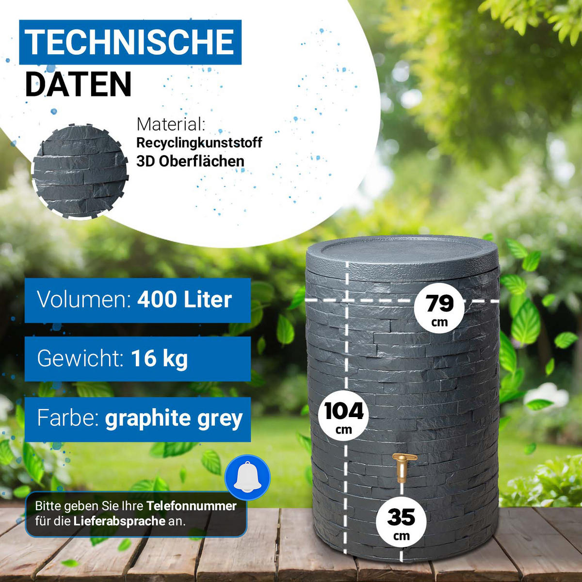 REGENTONNE 400 L, graphite grey - Grau, Kunststoff (79/104/79cm) - 4rain