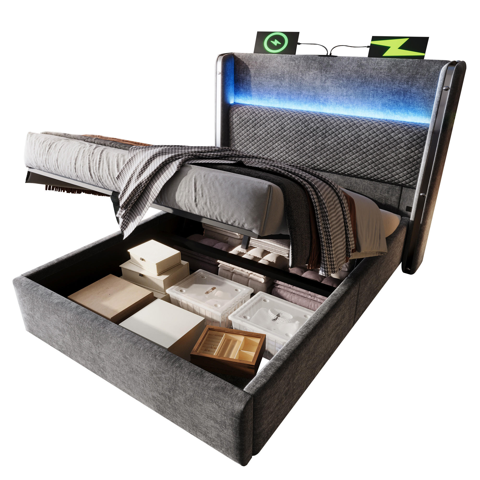 POLSTERBETT 90/200 cm mit LED-Beleuchtung, USB- und Type-C-Anschluss, hydraulischem Stauraum und Matratze, Grau - Grau, Textil (90/200cm) - Redom