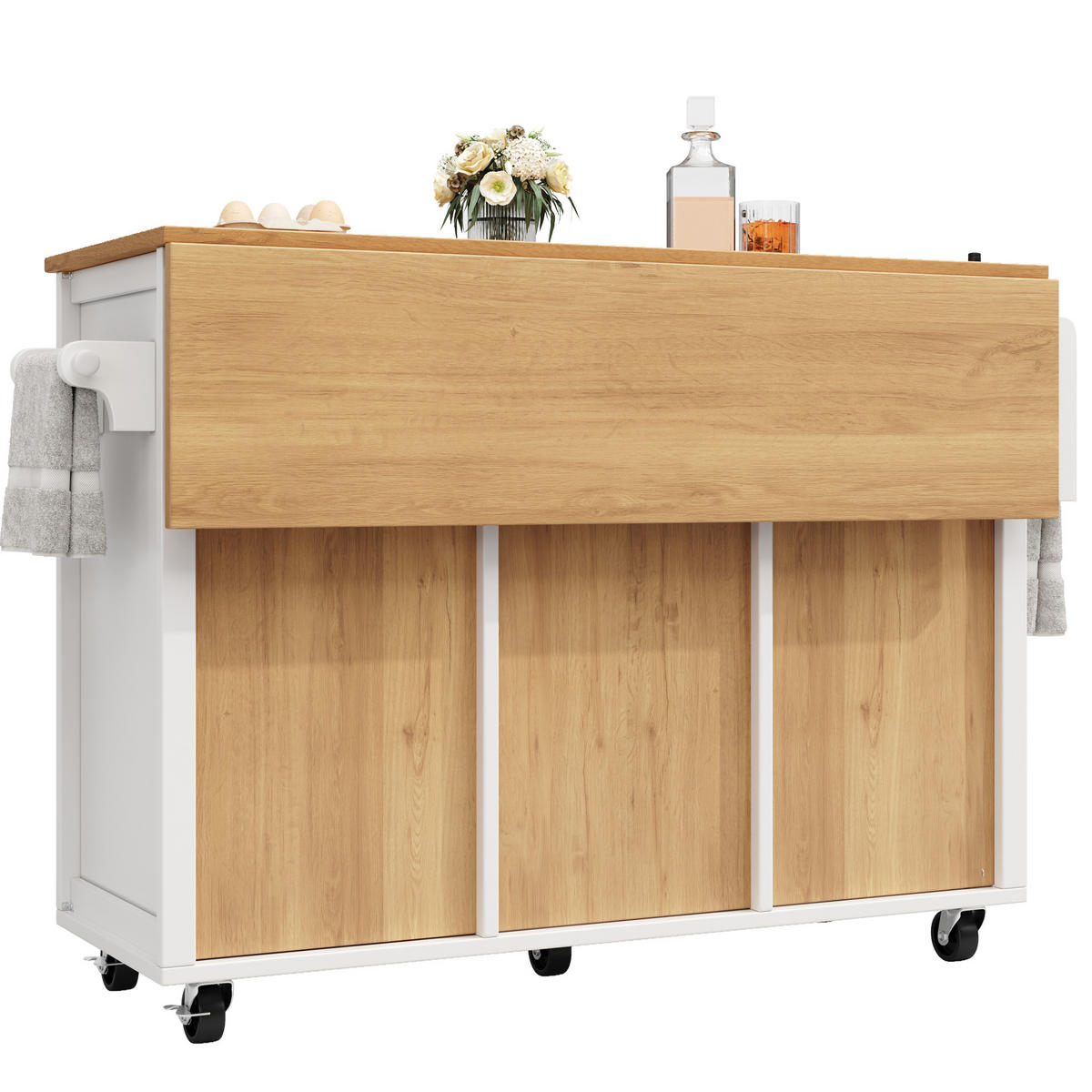 KÜCHENINSEL 137,9/73/92,5 cm weiß aus MDF und Metall mit Klapptisch - Weiß, Holzwerkstoff (137.9/92.5/73cm) - OKWISH
