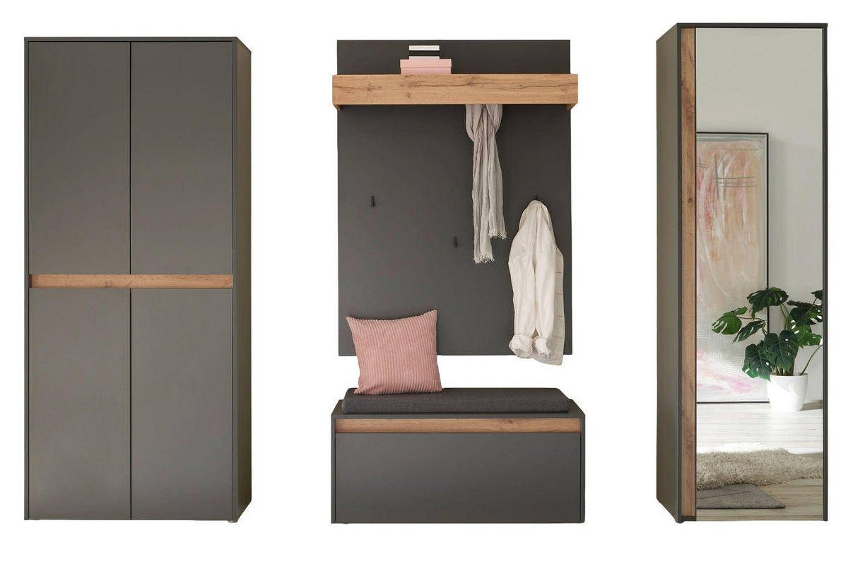 GARDEROBEN-SET grau matt, Eiche Wotan 5-teilig 265 cm, Schuhschränke mit viel Stauraum - Eiche Wotan/Schwarz, Glas/Holzwerkstoff (265/200/40cm) - Furn.Design