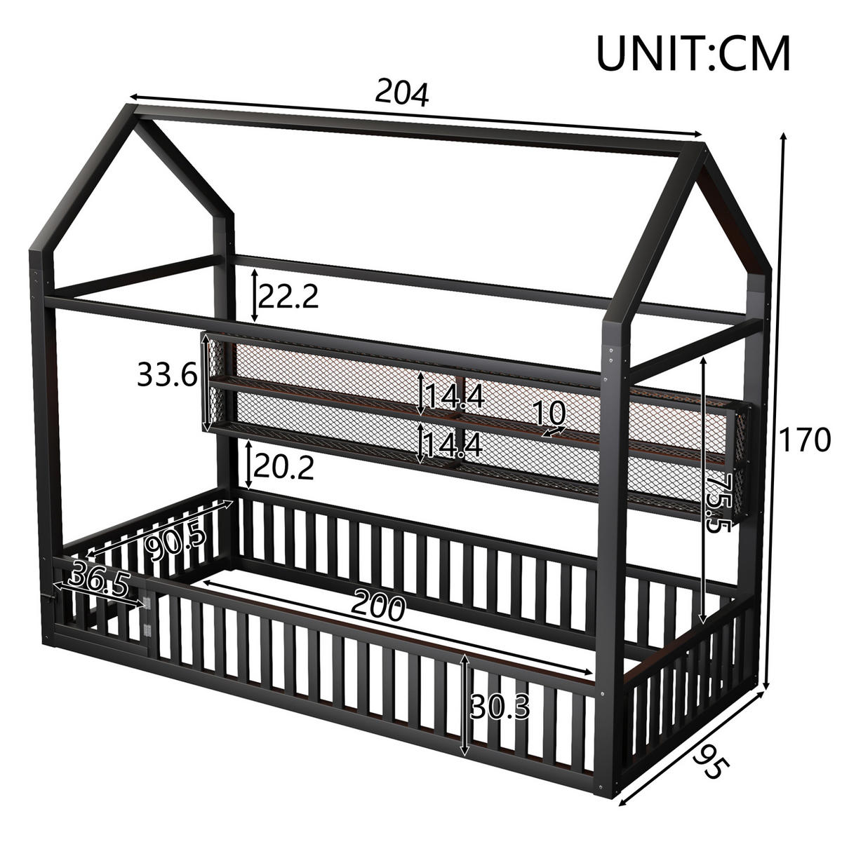 HAUSBETT aus Metall 90x200 cm Schwarz mit Sicherheitszaun, LED-Beleuchtung und Hausdesign - Schwarz, Metall (90/200cm) - Modfu