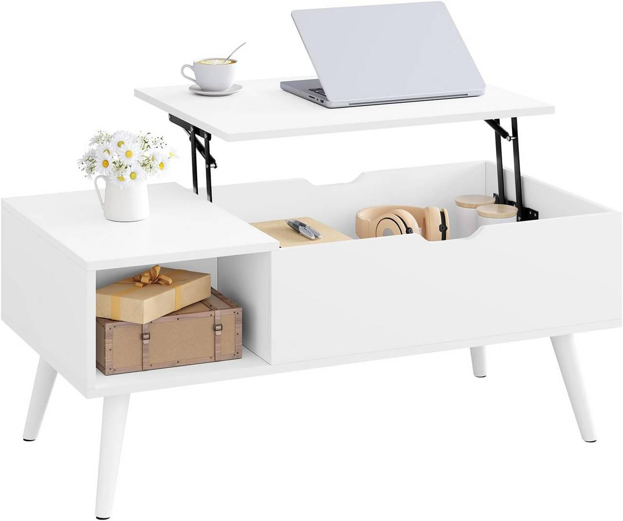 COUCHTISCH höhenverstellbar(47-53 cm), mit Stauraum, Weiß - Weiß, Holzwerkstoff/Metall (50/100/43cm) - Woltu