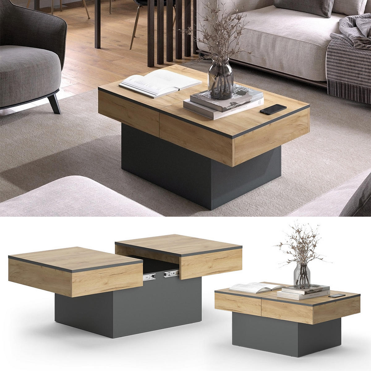 COUCHTISCH Boto Anthrazit/Goldkraft Eiche 95 x 58 cm Ausziehbar - Anthrazit/Eiche Wotan, Holzwerkstoff (58/95/40cm) - Vicco