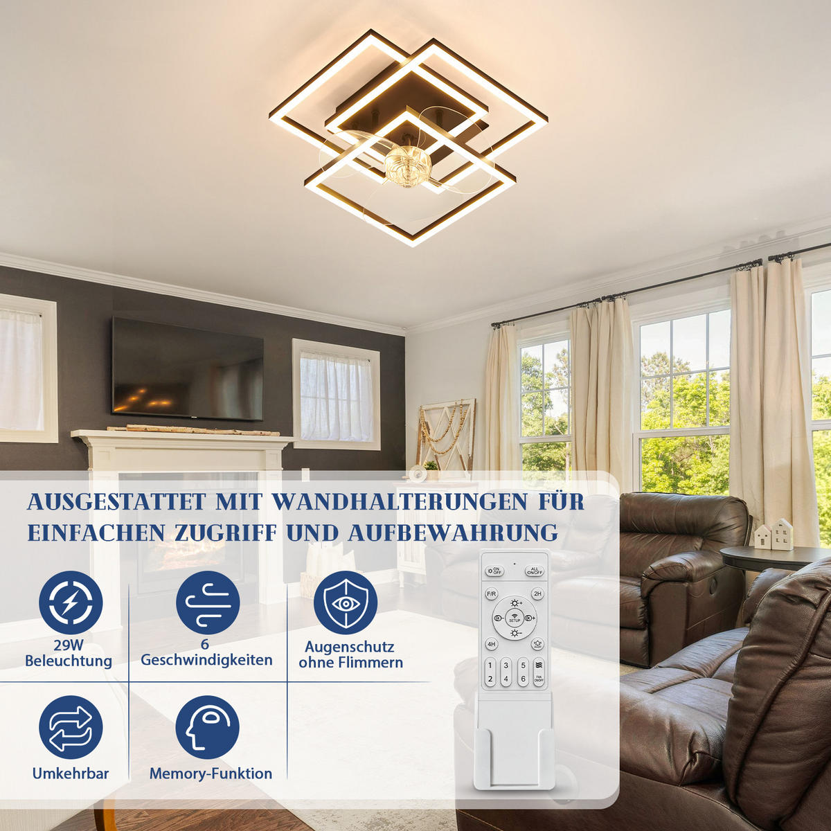 LED DECKENVENTILATOR Qalen 37/37/16.5 cm - Schwarz, Kunststoff/Metall (37/37/16.5cm) - ZMH