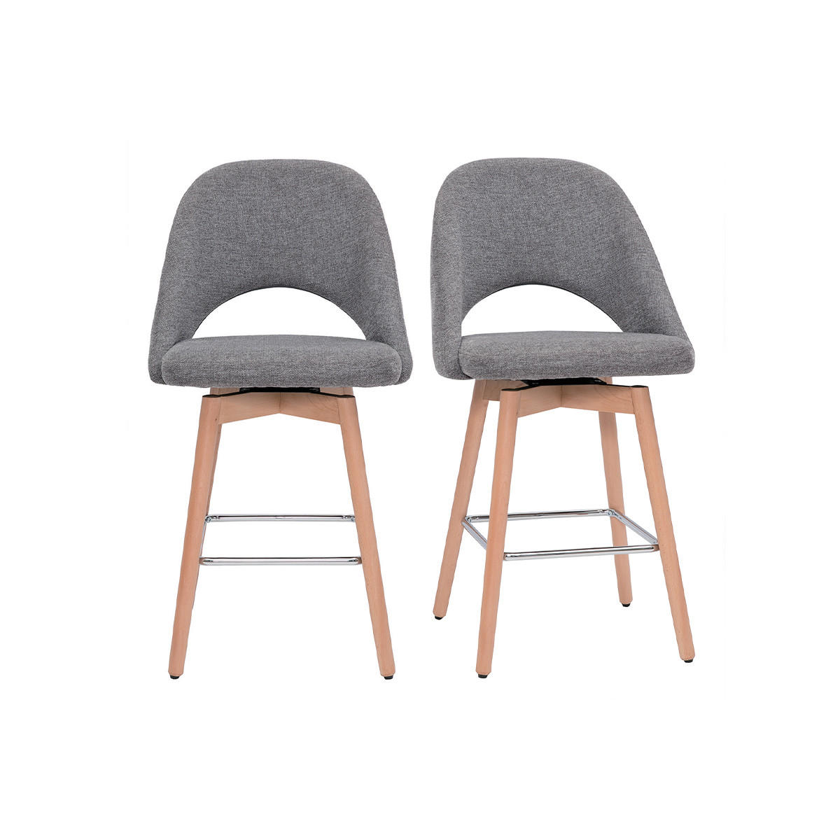 BARHOCKER Skandinavisch Grauer Stoff Samteffekt Massiv Hevea H65 cm 2er-Set COSETTE - Grau, Textil (53/99/51cm) - Miliboo
