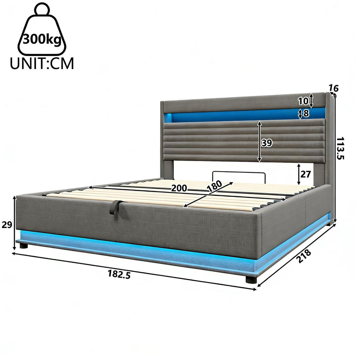 POLSTERBETT 180/200 cm Grau mit LED-Beleuchtung, USB- und Typ-C-Anschluss, hydraulischem Stauraum und Leinenbezug - Grau, Textil (180/200cm) - OKMYHOME