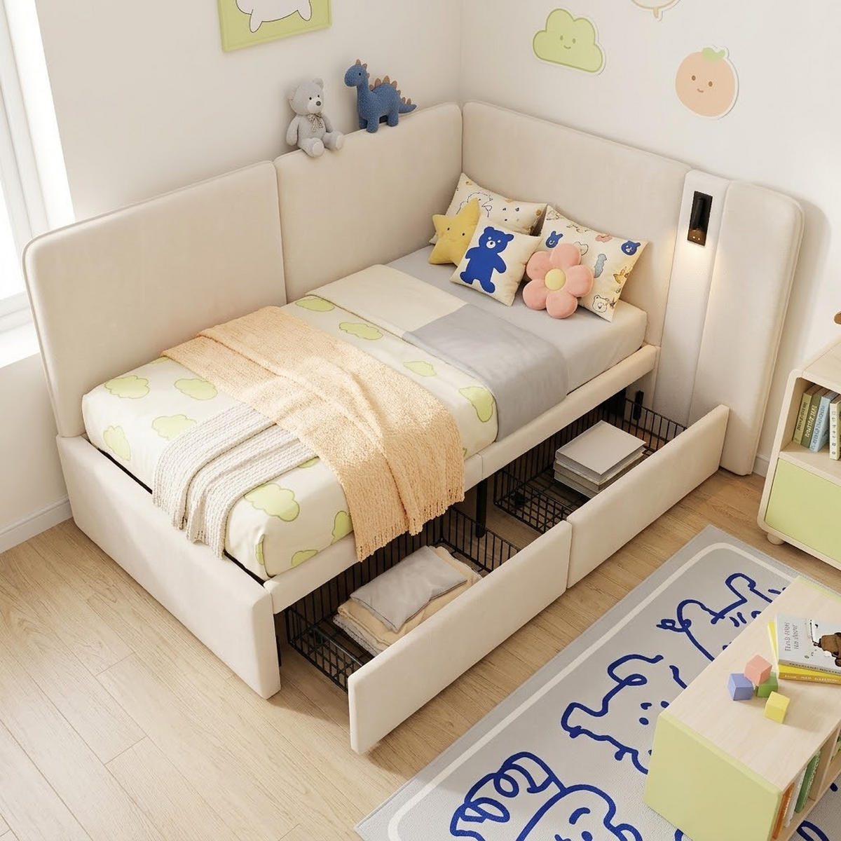 POLSTERBETT 90/200 cm in Beige Samt mit 2 Schubladen, USB, Type-C und Leselampe - Beige, Holzwerkstoff/Textil (90/200cm) - STILVORA