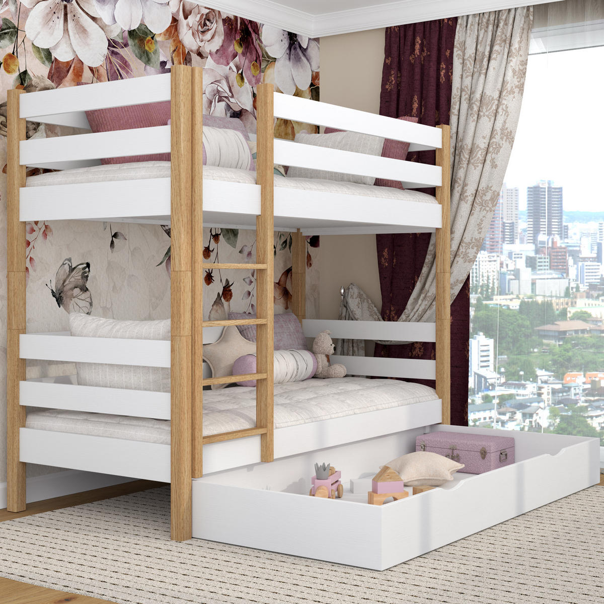 ETAGENBETT N01 mit Schublade Weiß / Eiche Natur 90/190 - Eiche Artisan/Weiß, Naturmaterialien/Holz (90/190cm) - N-Wood